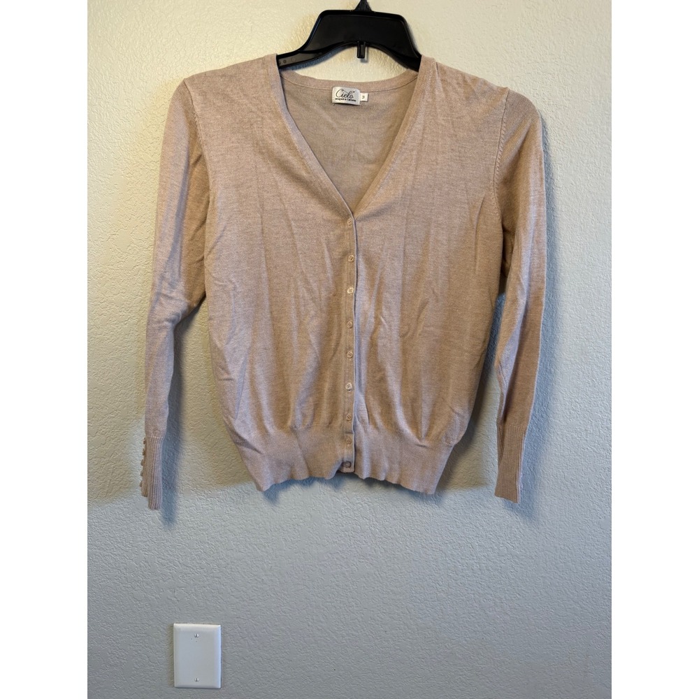Cielo Designed in California Tan V-Neck Button Down Cardigan Sweater Sz M